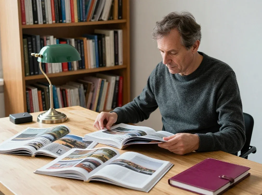 Un homme analyse plusieurs sources d'information pour porter un regard croisé sur l'actualité.