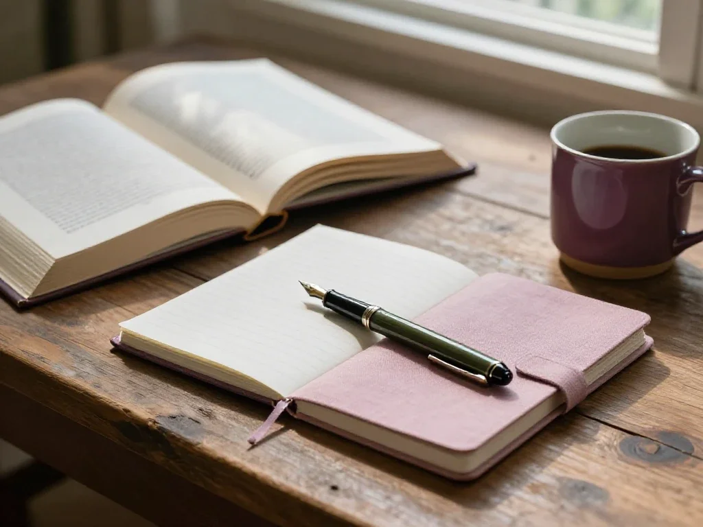 Table de lecture en bois avec livres ouverts et carnet sous une lumière matinale.